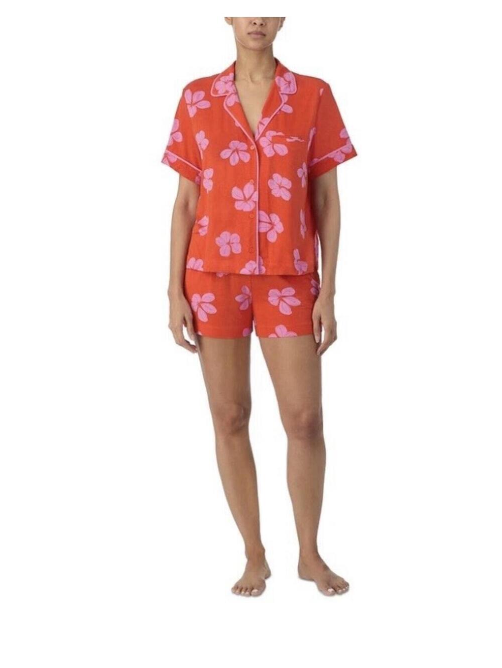 Sanctuary Women's Sz M Short Sleeves Notch Top & Shorts Woven Pajama Set Floral